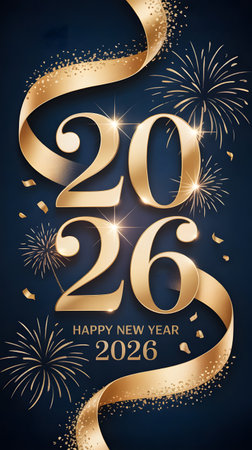 Elegant happy new year 2026 celebration design with golden numbers, shimmering ribbons, festive fireworks, and sparkling confetti on a dark blue backgroundの素材