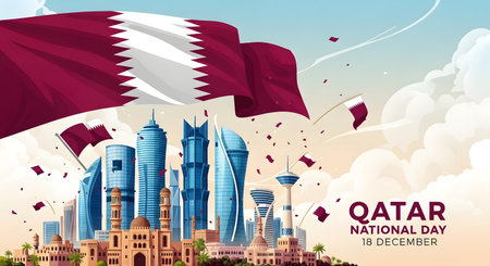 Qatar national day celebration with the national flag, modern doha cityscape, iconic skyscrapers, and traditional architectureの素材