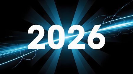 The year 2026 with a futuristic blue light burst and dynamic rays on a dark background, symbolizing progress, innovation, and the futureの素材