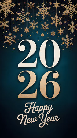 Happy new year 2026 greeting card design with elegant golden snowflakes on a deep blue background, perfect for festive holiday celebrationsの素材