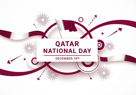 Qatar national day celebration banner with abstract maroon and white elements, ribbons, and fireworks, isolated on white backgroundの素材
