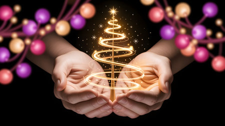 Hands gently cradle a shimmering golden light christmas tree, surrounded by festive blurred holiday decorations, symbolizing hope and celebrationの素材