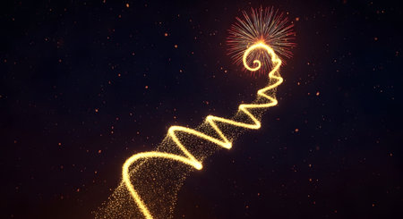 A magical golden sparkling spiral light trail ascends into a brilliant burst of fireworks against a dark, starry night sky, symbolizing celebrationの素材