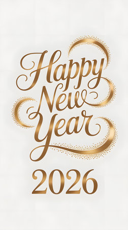 Golden glitter happy new year 2026 calligraphy text, sparkling festive greeting for celebrations and holiday designs, isolated on white backgroundの素材