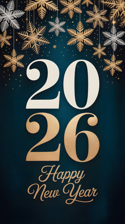 Happy new year 2026 elegant greeting card design with festive golden and silver snowflakes on a dark blue background, ideal for seasonal wishesの素材