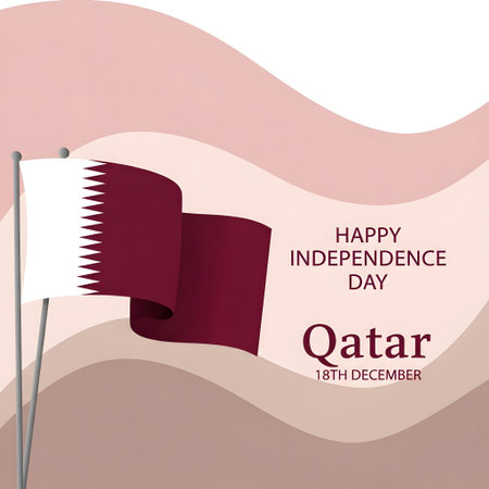 Qatar national flag waving on a pole, celebrating happy independence day, december 18th, with a festive background of elegant wavy patternsの素材