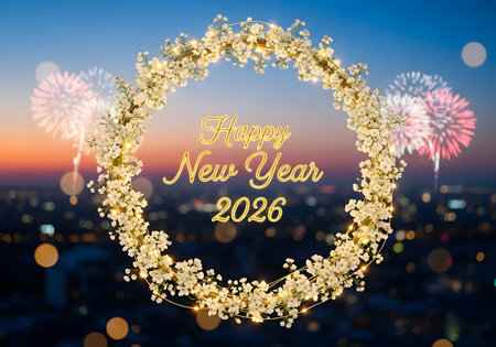 Happy new year 2026 greeting with a sparkling floral wreath, colorful fireworks, and city skyline at dusk, celebrating the upcoming yearの素材