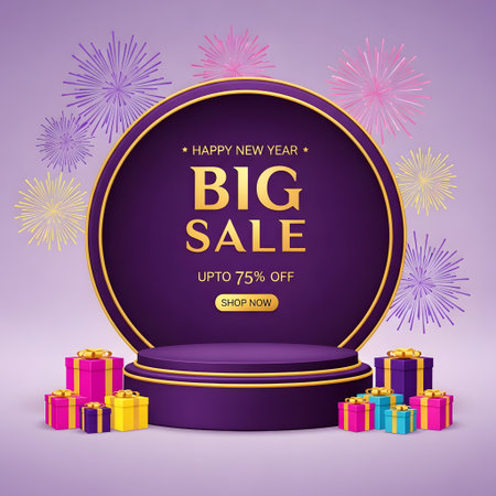 Happy new year big sale promotion on a purple podium with gift boxes and fireworks, advertising up to 75% off for holiday shoppingの素材