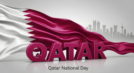 Vibrant 3d text qatar with the national flag flowing, celebrating qatar national day, against a modern city skyline silhouette, symbolizing prideの素材
