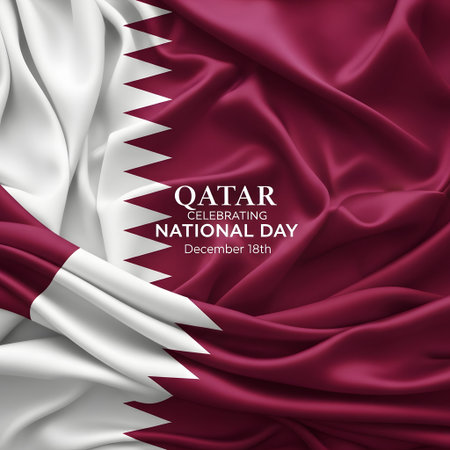 Qatar national flag in draped silk, showcasing its distinctive maroon and white design with serrated edges, celebrating national day, december 18thの素材