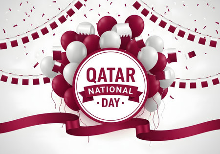 Qatar national day design with red and white balloons, banners, confetti, and qatar national day text, isolated on white backgroundの素材