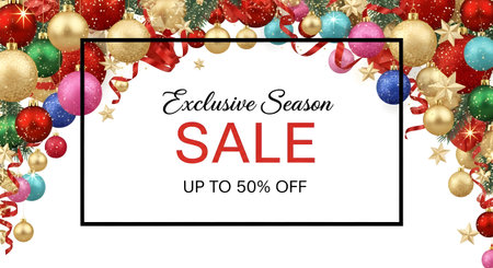 Exclusive season sale banner with 50% off, decorated with colorful christmas ornaments and ribbons, isolated on white backgroundの素材