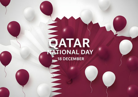 Qatar national day celebration background with maroon and white balloons and flag design, commemorating december 18thの素材