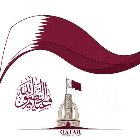 Qatar national day celebration with the national flag waving, traditional architecture, and elegant arabic calligraphy, isolated on white backgroundの素材