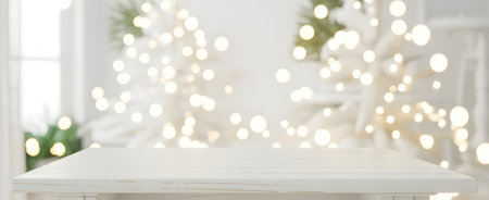 Empty white wooden table surface with blurred festive christmas lights and bokeh background, ideal for product displayの素材