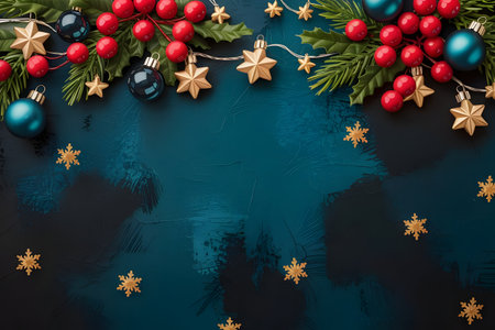 Festive christmas border with fir branches, red berries, blue ornaments, and golden stars on a dark blue backgroundの素材