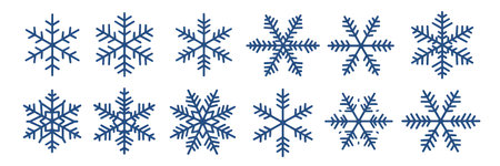 A collection of various blue snowflake designs, perfect for winter holiday decorations and seasonal graphic elements, isolated on white backgroundの素材