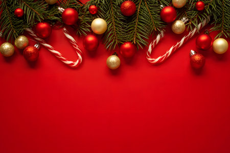 Holiday border with fir branches, red and gold ornaments, and candy canes on a vibrant red backgroundの素材