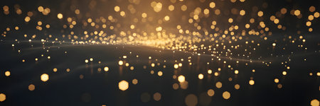 Golden sparkling bokeh lights on a dark background creating an abstract festive and celebratory atmosphere with glitter effectの素材