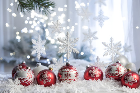 Beautiful red and white christmas ornaments and sparkling snowflakes create a festive holiday scene with bokeh lightsの素材