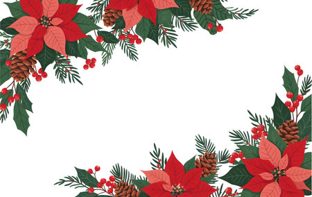 Festive christmas border with red poinsettias, green holly, pine cones, and evergreen branches, isolated on white backgroundの素材