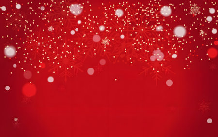 Festive red background with falling snow, bokeh lights, and delicate snowflakes, creating a vibrant winter holiday atmosphere for celebrationの素材