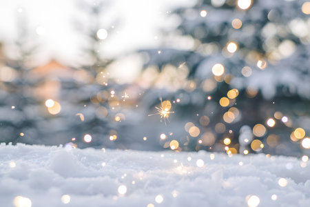 Beautiful winter wonderland scene with sparkling snow and festive bokeh lights, creating a magical holiday atmosphereの素材