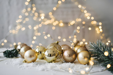 Golden christmas ornaments and festive fir branches with sparkling bokeh lights, creating a magical holiday atmosphereの素材