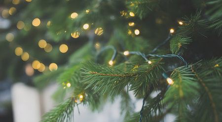 Festive christmas tree branch adorned with twinkling warm fairy lights, creating a cozy holiday atmosphereの素材
