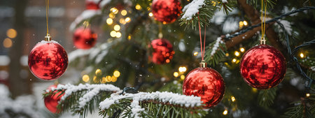Snowcovered christmas tree branches with red baubles and golden lights, a beautiful festive winter holidayの素材