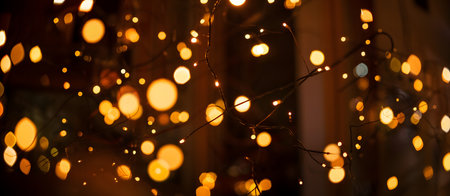Warm golden bokeh lights creating a magical and festive background ambiance, perfect for holiday celebrations and cozy eveningsの素材