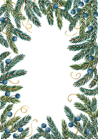 Watercolor frame with fir branches, blue berries, and golden swirls, for winter and holiday designs, isolated on white backgroundの素材