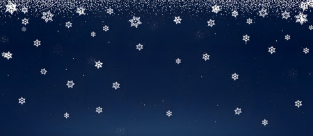 Falling white snowflakes on a dark blue background, creating a winter wonderland scene, ideal for festive designs and seasonal useの素材