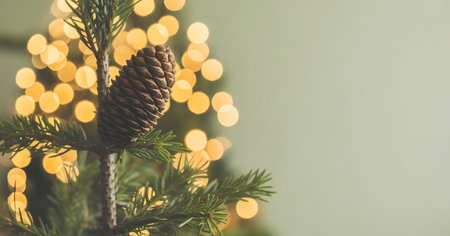 Pinecone on green christmas tree branch, with soft, blurred golden bokeh lights, creating a festive holiday moodの素材