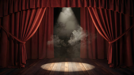 Classic theater stage with luxurious red velvet curtains, a single spotlight shining on the wooden floor, and rising smokeの素材