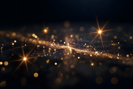 Golden bokeh lights and sparkling starbursts on a dark background, creating a festive and magical atmosphereの素材