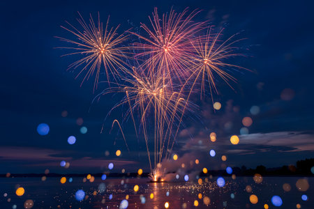 Festive fireworks illuminate the dark night sky over a serene body of water, with vibrant reflections and shimmering bokeh lightsの素材