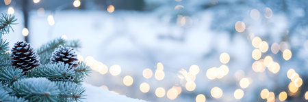 Frosted pine branches with pinecones covered in snow and sparkling bokeh lights, creating a serene winter holiday backgroundの素材