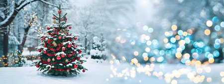 Festive christmas tree adorned with red ornaments and snow in a magical winter landscape with sparkling bokeh lightsの素材