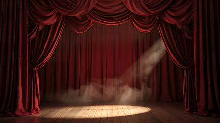 A grand theater stage with luxurious red velvet curtains, a polished wooden floor, and a single dramatic spotlightの素材