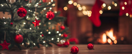 Cozy christmas scene with a beautifully decorated tree, glowing fireplace, and festive ornaments, creating a warm holiday ambianceの素材