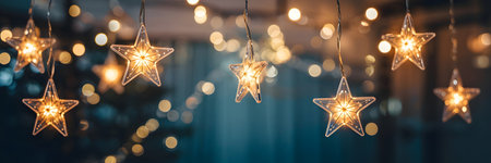 Beautiful illuminated starshaped christmas lights with a soft bokeh background, perfect for holiday themes and celebrationsの素材