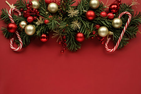Festive christmas garland with red and gold ornaments, pine branches, and candy canes on a vibrant red backgroundの素材