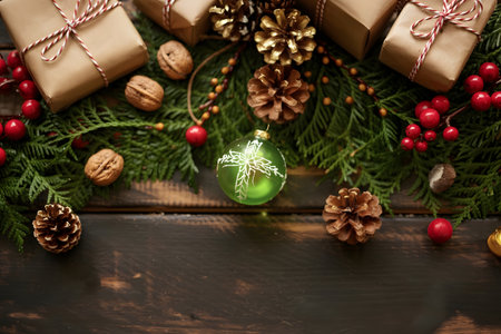 Festive christmas composition with wrapped gifts, natural elements, and a green bauble on a dark wooden surfaceの素材