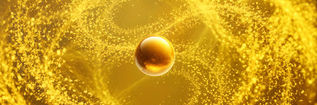 Golden sphere at the heart of a swirling vortex of shimmering particles, creating an abstract and luxurious energy flowの素材