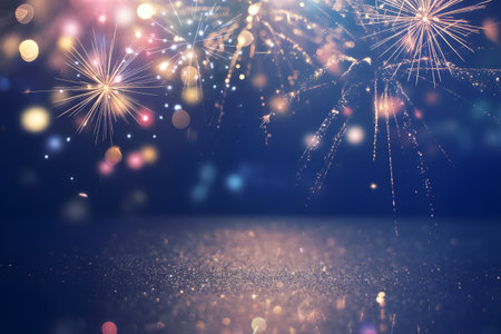 Dazzling fireworks illuminate the night sky, reflecting on a sparkling glitter floor, surrounded by vibrant bokehの素材