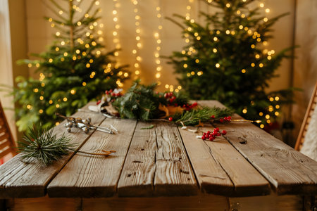 Rustic wooden table with festive christmas decorations and blurred illuminated christmas trees in a cozy holiday settingの素材