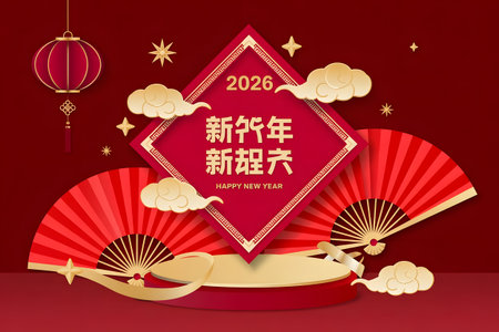 Vibrant chinese new year 2026 celebration with traditional red fans, golden clouds, and a festive lantern, set against a rich red backdropの素材