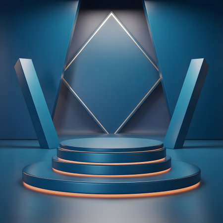 Futuristic blue podium with geometric shapes and subtle orange lighting, ideal for product display, virtual events, or abstract presentations in a modern studio settingの素材