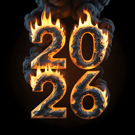 Fiery numbers 2026 emerge from dark smoke against a black background, symbolizing a year of intense change, challenge, or significant eventsの素材